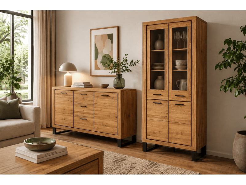  Vitrine avec 2 portes vitrées , coloris chêne massif - longueur 108 × profondeur 40 × hauteur 199 cm  - Conforama B