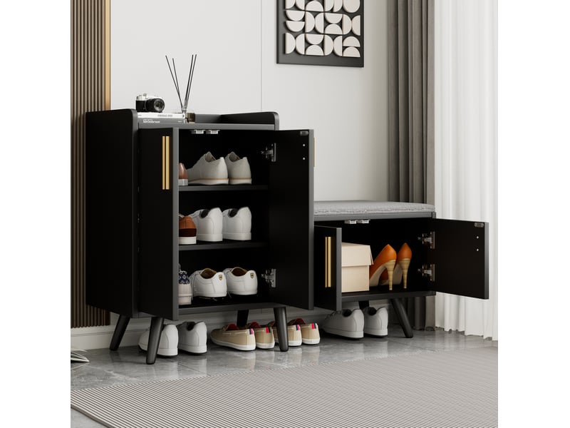  Banc à chaussures 120 cm avec 4 portes et assise rembourrée, noir et noyer foncé  - Conforama C
