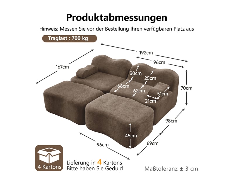 Canapé modulaire 2 places avec 2 poufs en velours marron - Conforama E