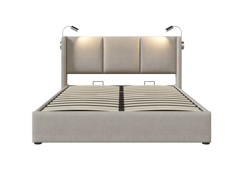  Lit double coffre 160x200 cm avec lampe de lecture et usb, lin, beige, sans matelas  - Conforama A