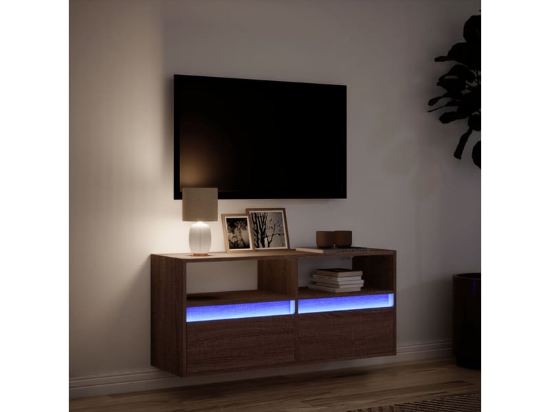 Meuble tv - banc tv - meuble de rangement mural avec lumières led chêne marron 100x31x45 cm - Conforama E