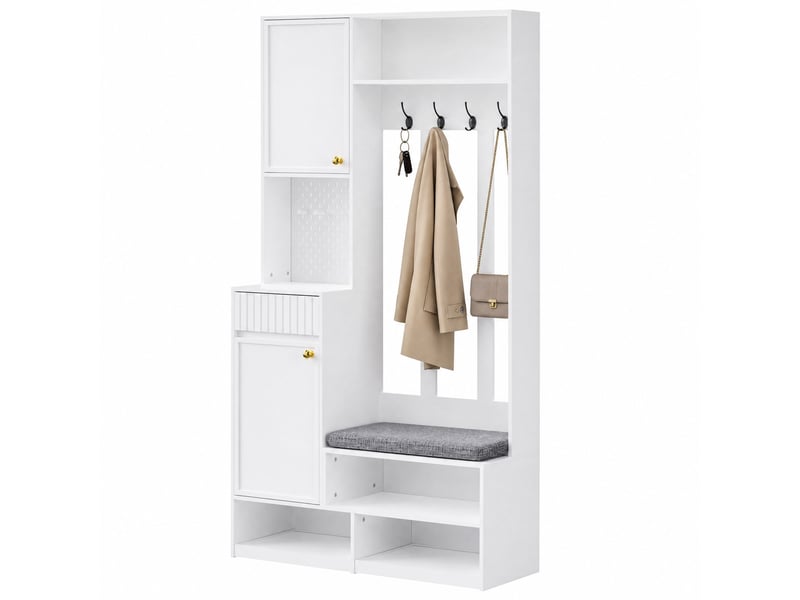  Meuble d'entrée avec banc rembourré, 4 crochets, armoire, 2 tiroirs et niches pour entrée en mdf blanc, 100 × 35 × 180 cm  - Conforama A