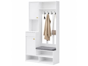 Meuble d'entrée avec banc rembourré, 4 crochets, armoire, 2 tiroirs et niches pour entrée en mdf blanc, 100 × 35 × 180 cm