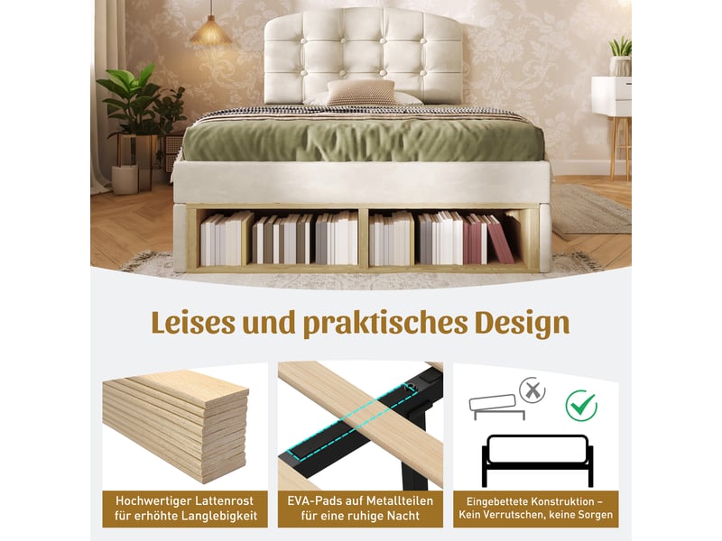  Lit avec rangement 90x200 cm avec tiroirs et sommier à lattes beige  - Conforama E
