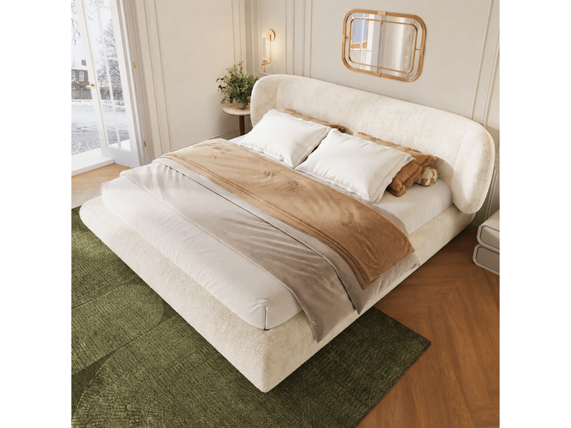 Lit rembourré en chenille beige 180x200 cm avec tête de lit arrondie Fay Lum - Conforama D