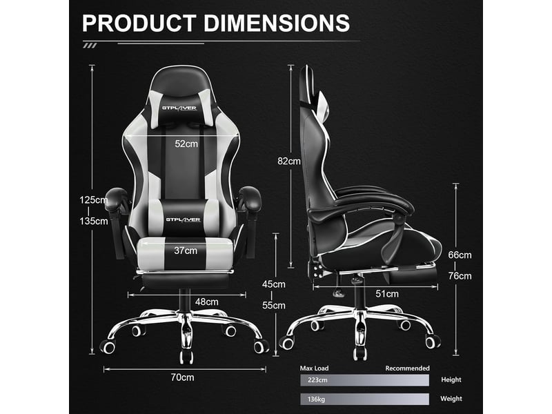  Gtplayer chaise de jeu ergonomique avec massage lombaire et repose-pieds - similicuir blanc GT800A-WT - Conforama D