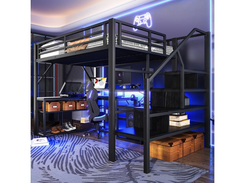  Lit mezzanine 140 x 200 cm avec bureau intégré, métal et mdf, noir, éclairage led connecté  - Conforama E