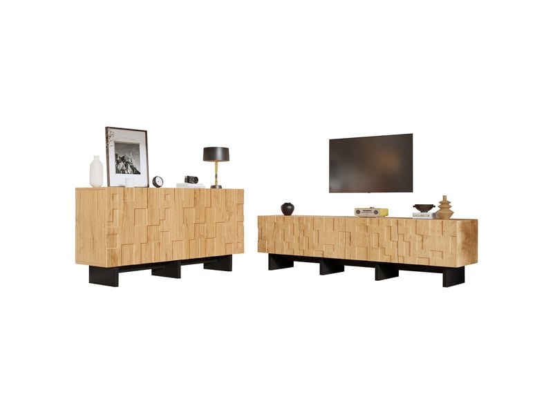  Ensemble meuble tv 180 cm et buffet 140 cm, finition bois naturel et noir  - Conforama E