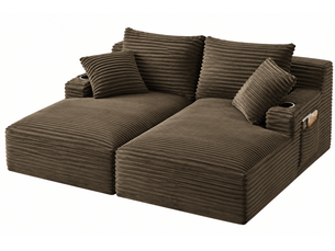 Canapé 2 places convertible en double méridienne, assise à ressorts, porte-gobelets, velours côtelé, marron