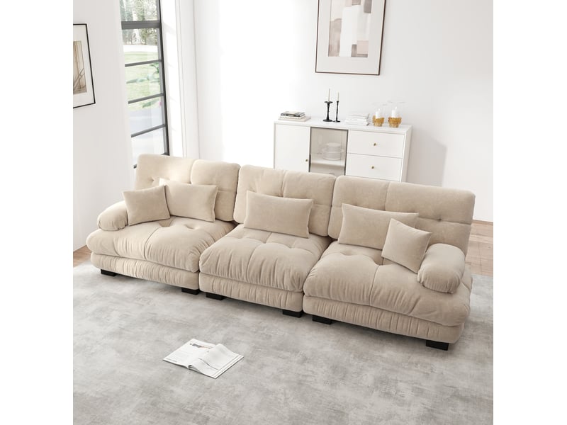 Canapé modulable 313x77x81cm 3 places, pour le salon, coussins inclus, structure en bois, tissu chenille, café clair - Conforama D