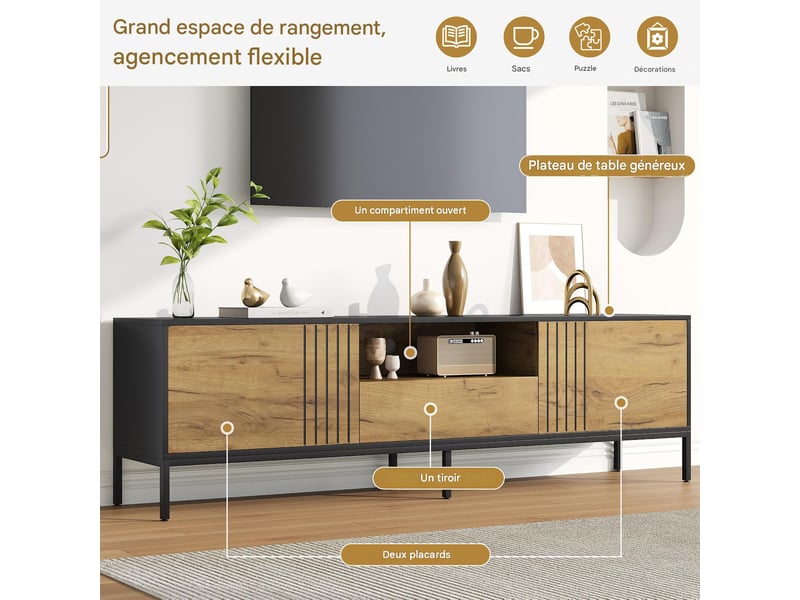  Meuble tv avec rangements en panneau de particules coloris chêne et noir 170x35x50 cm - pangivo  - Conforama D