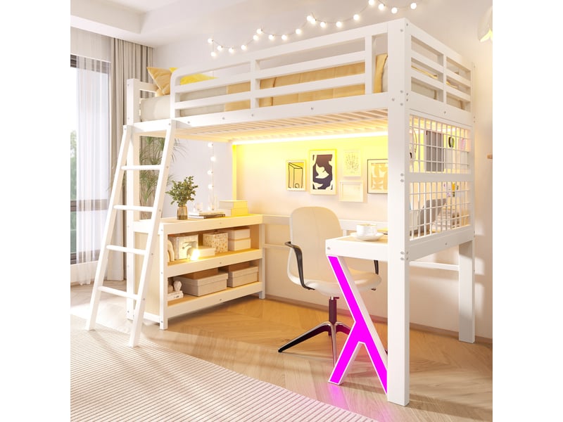 Lit mezzanine enfant 90x200 cm, bureau, placards de rangement, led multicolore, grille, métal et mdf, blanc Radiant Stride - Conforama B