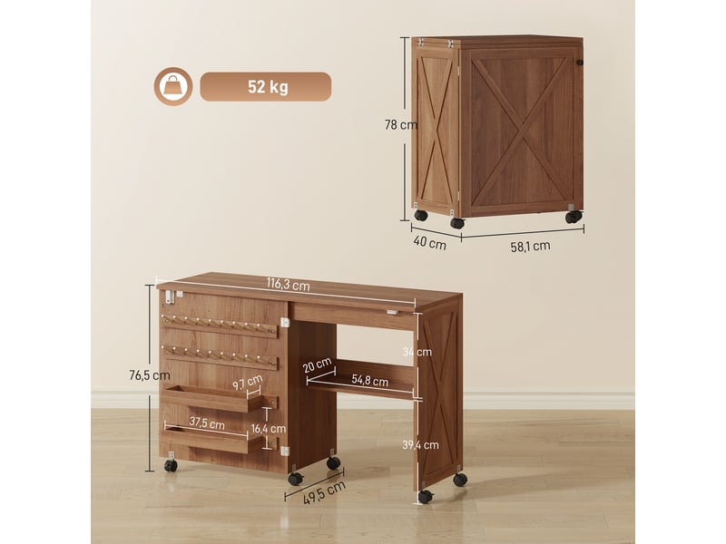  Table de couture pliable mobile 2 bacs 18 porte-bobines étagère bois  - Conforama C