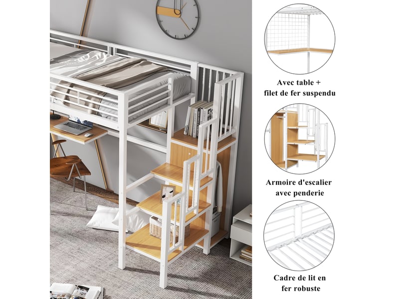  Lit superposé enfant 90x200cm avec toboggan et barrière anti chute cadre de lit en bois massif, blanc  - Conforama R