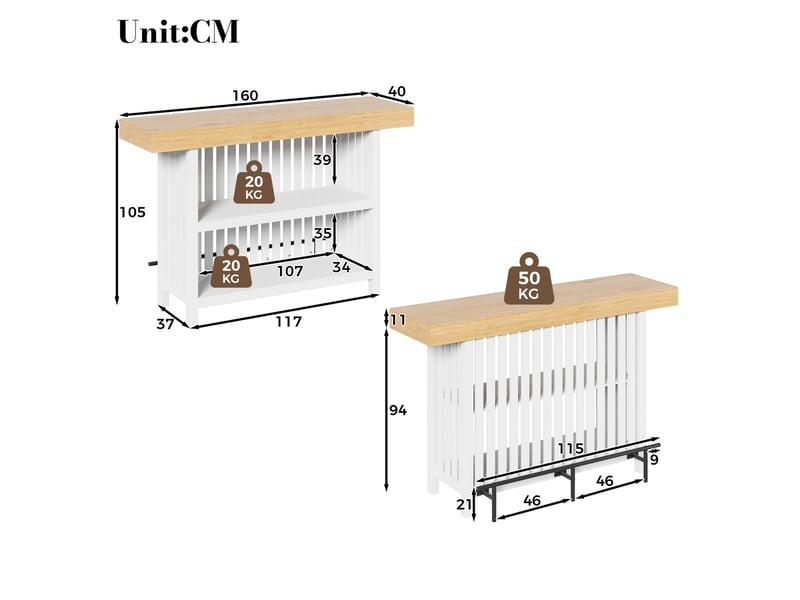  Table de bar 160x40x105 cm avec repose-pieds, rangement 2 niveaux en mdf couleur blanche et bois, confort optimal  - Conforama C