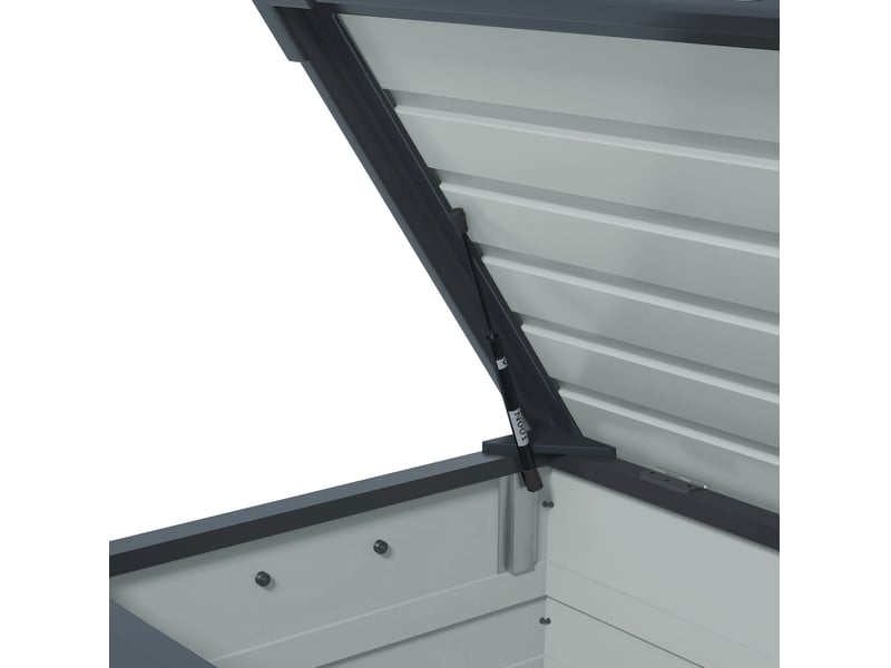  Coffre de rangement extérieur 295 l à structure en acier galvanisé gris, à roulettes et verrouillable  - Conforama E