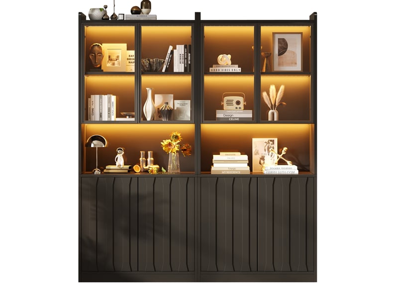 Vitrine à led, 8 portes dont 4 en verre, étagères réglables et rangements ouverts pour salon, noire 160 × 35 × 200 cm - Conforama A