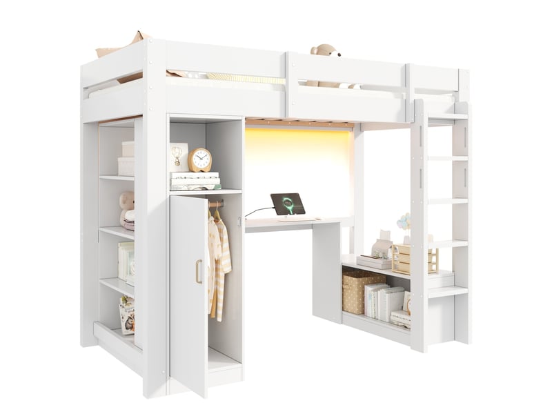  Lit mezzanine 90 × 200 cm avec armoire, étagères, bureau intégré, 2 tiroirs, led et port usb pour chambre  - Conforama A