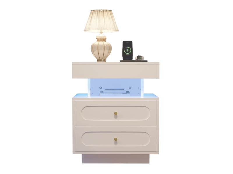  Table de chevet ulevr avec led 50 x 40 x 60 cm, 2 tiroirs, 1 niche ouverte, panneau de particules, blanc  - Conforama A