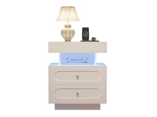 Table de chevet ulevr avec led 50 x 40 x 60 cm, 2 tiroirs, 1 niche ouverte, panneau de particules, blanc