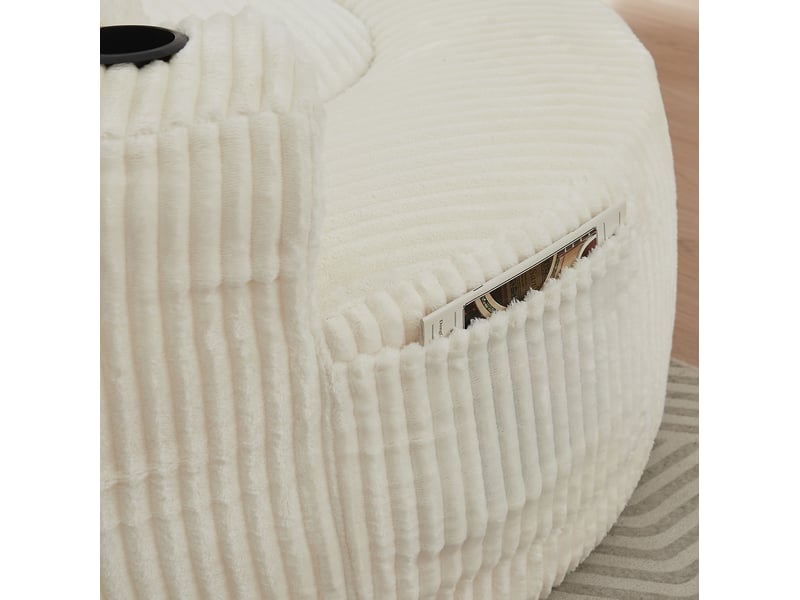  Fauteuil lounge rond 1 place en velours côtelé – beige – 3 coussins, porte-gobelets et poches latérales  - Conforama C