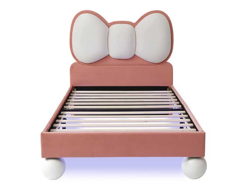  Lit enfant 90x200 cm en velours beige et rose avec led réglable  - Conforama E