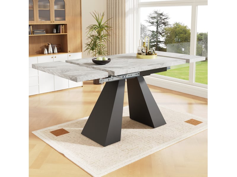 Table à manger extensible 99 à 159x74 cm, plateau effet marbre gris et pieds noirs - Conforama D