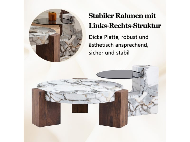 Table d'appoint format rond deux niveaux plateau en verre gris transparent structure en mdf noir en l plateau effet marbre blanc design démontable - Conforama D