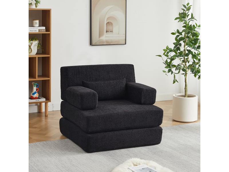  Canapé convertible 2-en-1 1 place 90 x 90 x 80 cm avec couchage pliant, dossier réglable et structure en fer, chenille, noir OMNIGLINT TRADING LTD - Conforama B