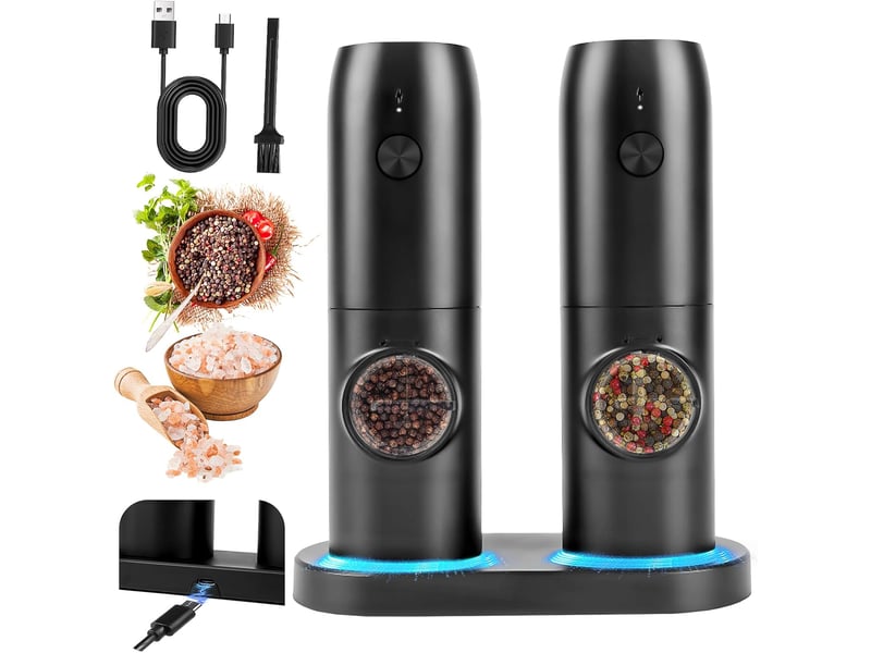  Ensemble de 2 moulins à sel et poivre électriques avec base rechargeable, broyeur à épices avec double station de charge, brosse, lumière led blanche  - Conforama A