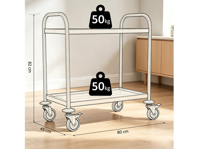  Desserte de cuisine 80 x 45 x 82 cm grise en acier inoxydable chromé, 2 plateaux et roulettes freinées  - Conforama C