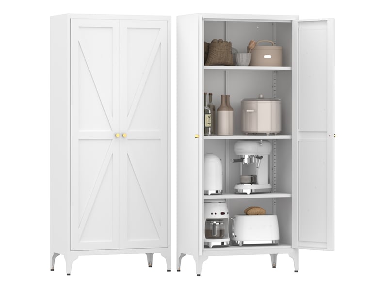  Armoire de rangement à 2 portes avec 3 étagères réglables, pieds réglables et fermeture magnétique pour cuisine, salon, bureau, blanc, 174.5 × 42.0 × 14.0 cm  - Conforama A
