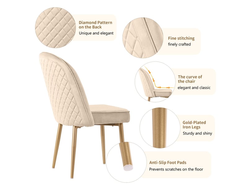 Lot de 6 chaises de salle à manger en velours beige, pieds en métal doré, rembourrées, confortables, salon et cuisine  - Conforama D