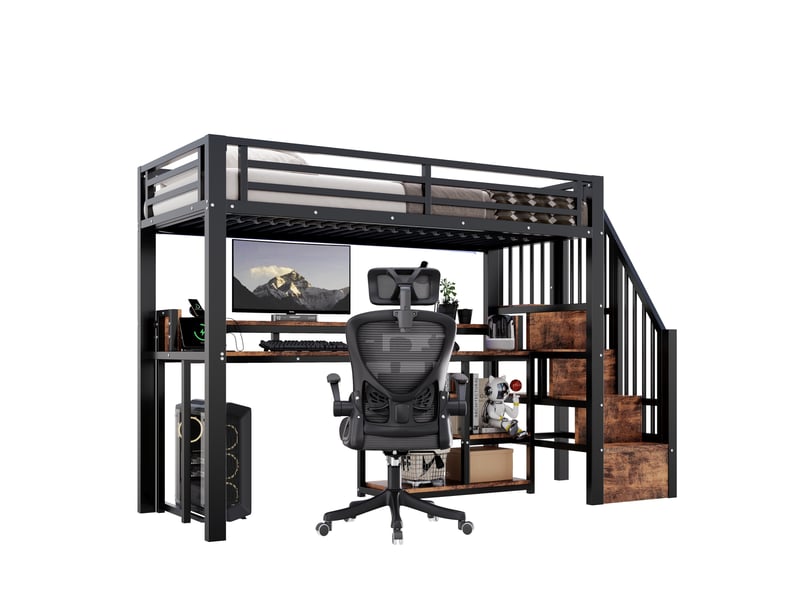  Lit mezzanine 90x200 cm noir en métal et mdf avec bureau, rangements, led, usb et usb-c, sans matelas  - Conforama A