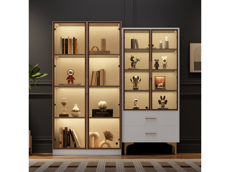  Ensemble de 2 vitrines led blanches, 80 x 40 x 160 cm + 70 x 35 x 150 cm, portes vitrées et tablettes réglables Fay Lum - Conforama B