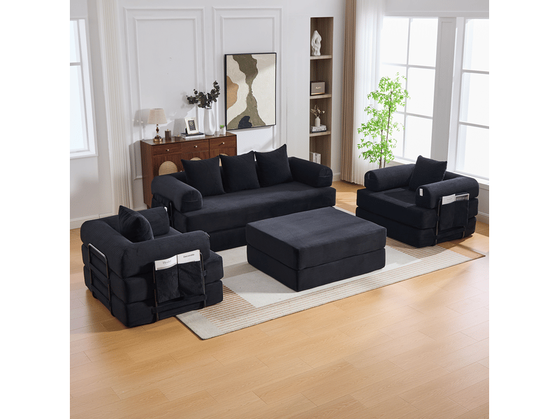  Canapé modulable 4 places en velours côtelé noir avec pouf et poche latérale, confort pour le salon  - Conforama B