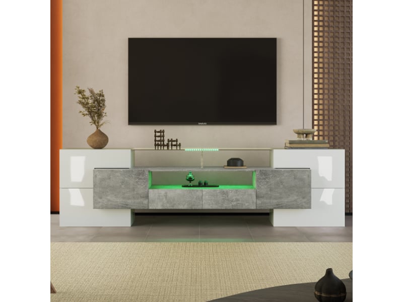 Meuble tv gris et blanc, meuble tv 200 cm avec éclairage led, 6 portes et 2 tiroirs, plateau en verre, 3 rangements ouverts  - Conforama C