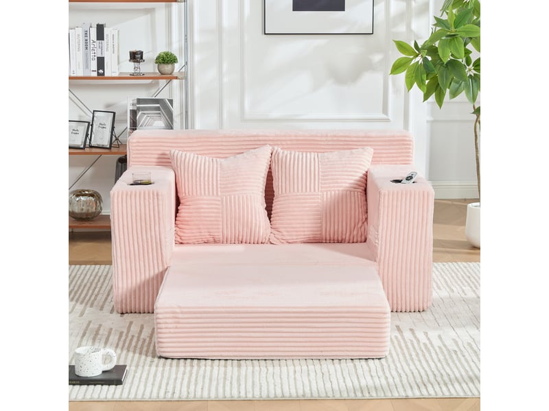  Canapé droit convertible 2 places, en velours côtelé, 2 coussins, porte-gobelet et poches latérales, 151 × 133 × 64 cm, rose YXY-0915-3 - Conforama D