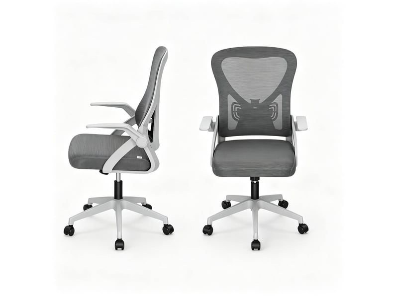  Chaise de bureau ergonomique pivotante avec dossier inclinable et accoudoirs rabattables en maille grise  - Conforama A