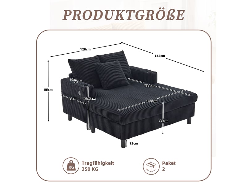  Méridienne avec ports usb, éclairage led et porte-gobelets, design ergonomique en velours côtelé noir  - Conforama D