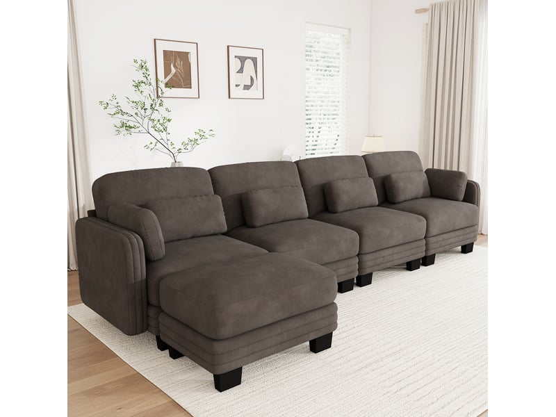  Canapé d’angle modulaire 4 places modenvie en chenille marron avec ottomane, 330 x 143 x 88 cm  - Conforama B