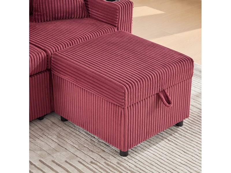  Canapé 3 places 196x82–144x85cm, lumières led, prise usb‑c intégrée, coussins moelleux, velours côtelé rouge bordeaux  - Conforama E