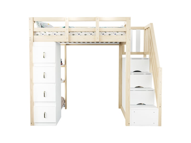  Lit mezzanine 90 x 200 cm avec 4 tiroirs, escalier à rangements et bibliothèque à 3 niveaux, sommier à lattes, bois, couleur bois Morn Vibe - Conforama E