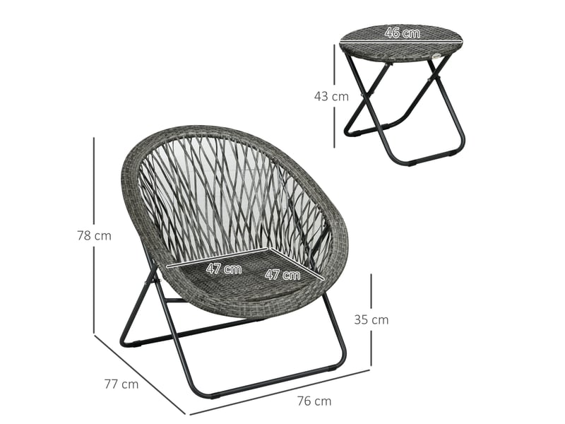 Salon de jardin pliant 3 pièces gris en rotin synthétique, 2 fauteuils et table ronde pour balcon et terrasse - Conforama C