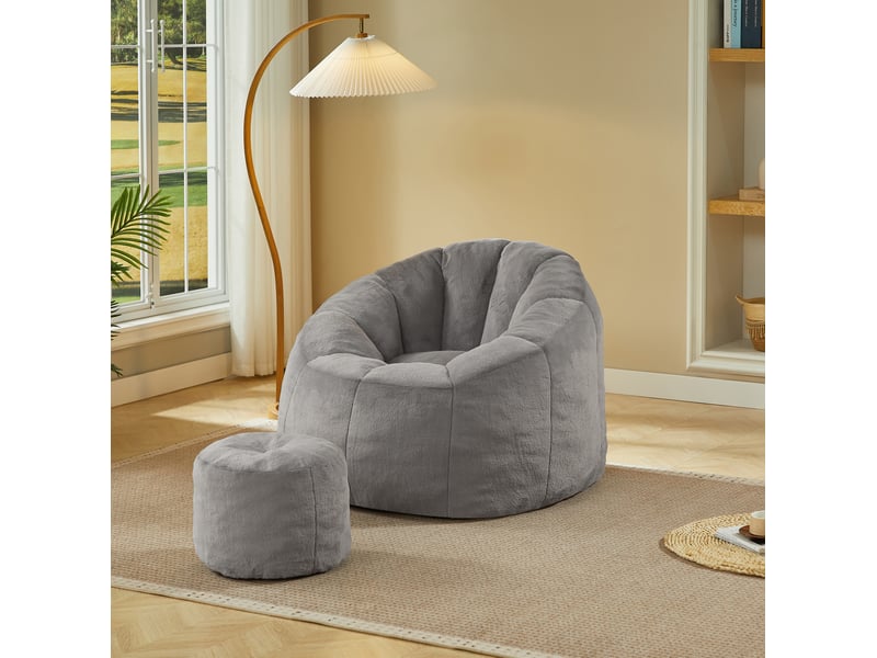 Fauteuil poire avec repose-pieds 105x105x70 cm en polyester gris clair - Conforama B