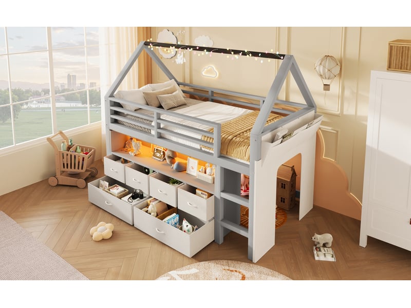 Lit surélevé cabane 90 x 200 cm, 6 tiroirs textiles, guirlande led, rideau et poche latérale, échelle, sommier à lattes inclus, pin et mdf, gris Luxe haut de gamme - Conforama W