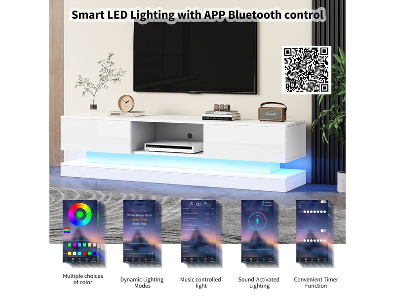  Meuble tv 160x40x40, blanc brillant éclairage led, 2 tiroirs, anti-bascule pour téléviseurs 60  - Conforama D