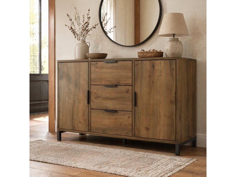 Commode 2 portes et 3 tiroirs avec étagères réglables pour chambre 120×40×76 cm chêne foncé - Conforama B