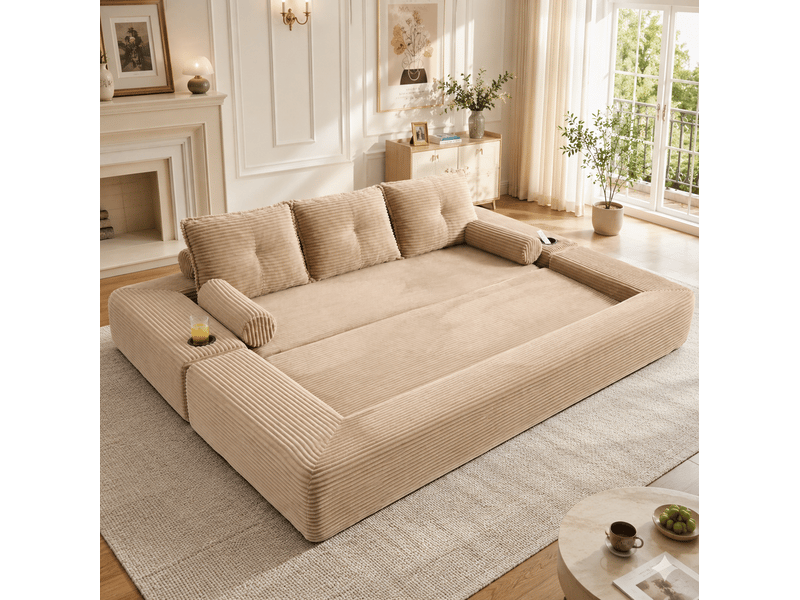 Canapé convertible 3 places avec poches, porte-gobelets et coussins mémoire en velours côtelé kaki - Conforama B