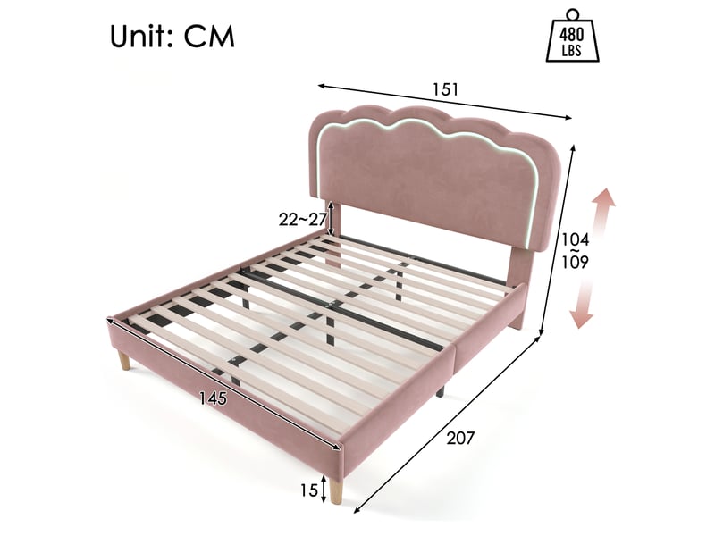 Lit double 200×140 cm avec tête de lit réglable et éclairage led, sans matelas, en velours rose - Conforama D